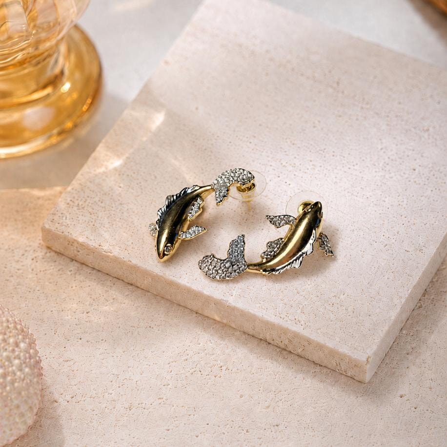 Taşlı Gold Koi Küpe